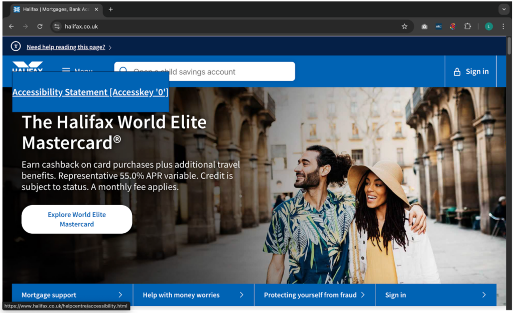 Accessibility statement link on the Halifax back website