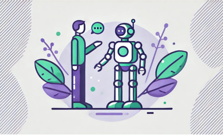 AI generated illustration of a person talking to a robot in a green and purple colour scheme