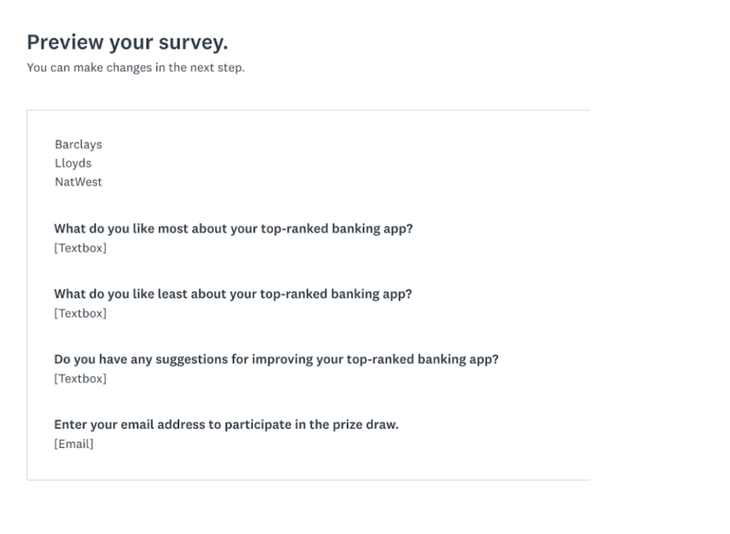 a screenshot of the SurveyMonkey generated survey showing question options that reflect UK banks, and appropriate text input questions about banking preferences