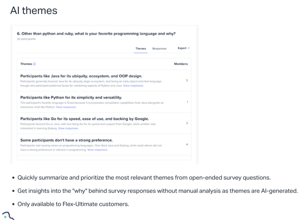 A screenshot of the UserInterviews website announcing new features in 2024 showing an image of the AI Themes function and some bullet text describing key features.