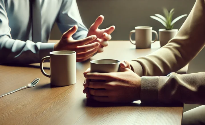 AI generated image of two people talking and having tea at a table. Only the hands and arms are visible.