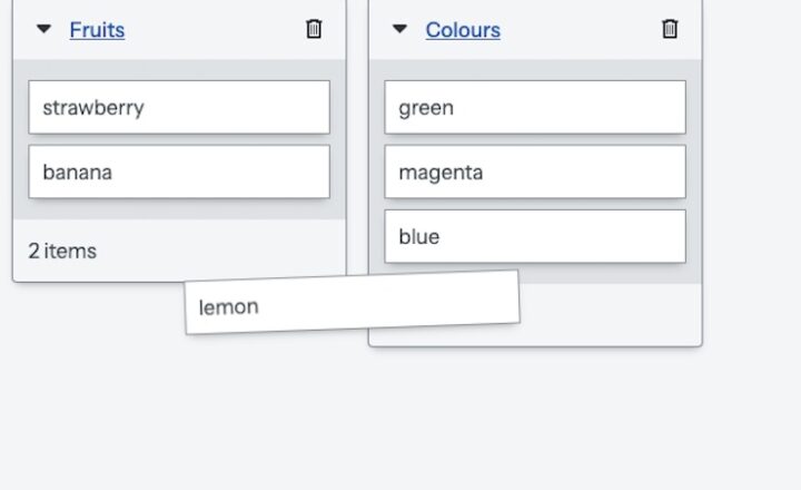 a card sort with two categories: Fruits included strawberry and banana. Colours includes green, magenta and blue. A card, 'lemon', hovers between both.